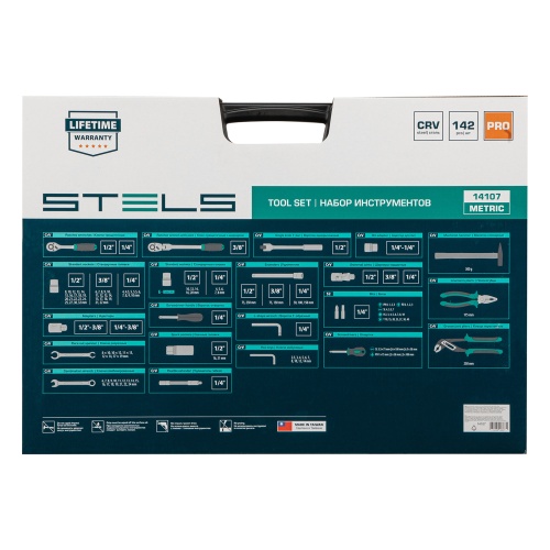 Набор инструментов Stels 1/2",3/8", 1/4", CrV, пластиковый кейс 142 предмета фото фото 3