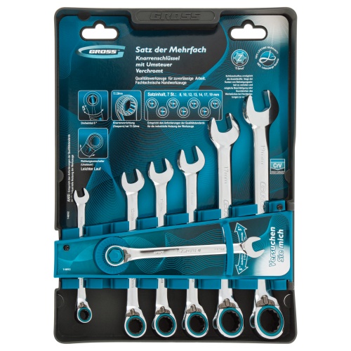 Набор ключей комбинированных с трещоткой Gross 8-19 мм, 7 шт, реверсивные, CrV фото 11 Набор ключей комбинированных с трещоткой Gross 8-19 мм, 7 шт, реверсивные, CrV фото фото 11