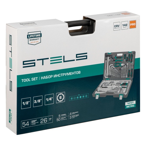 Набор инструментов Stels 1/2",3/8", 1/4", CrV, пластиковый кейс 142 предмета фото фото 15