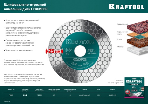 Диск алмазный шлифовально-отрезной Chamfer 125 мм KRAFTOOL 36689-125 фото 2 Диск алмазный шлифовально-отрезной Chamfer 125 мм KRAFTOOL 36689-125 фото фото 2