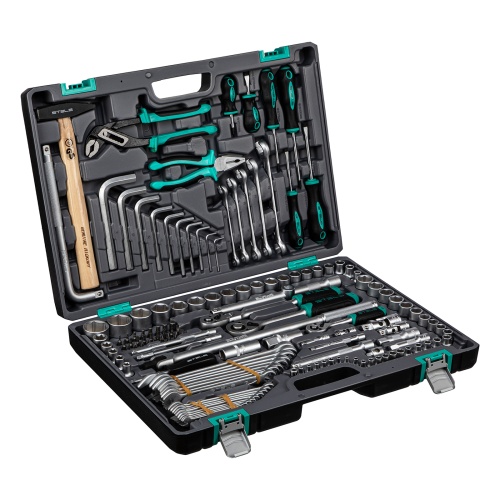 Набор инструментов Stels 1/2",3/8", 1/4", CrV, пластиковый кейс 142 предмета фото
